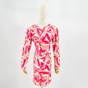 Rare 80s Lillie Rubin Hot Pink Sequin Bodycon Glam Sexy Long Sleeve Mini Dress